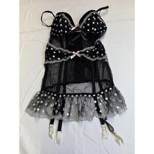 Victoria’s Secret BlackMesh Baby Doll Corset Sz34C White Polka Dots Lace Bow NWT